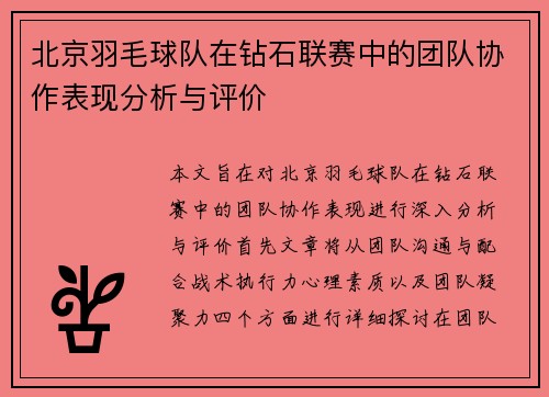 北京羽毛球队在钻石联赛中的团队协作表现分析与评价