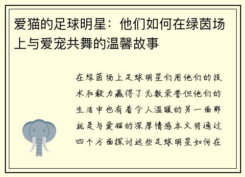 爱猫的足球明星：他们如何在绿茵场上与爱宠共舞的温馨故事